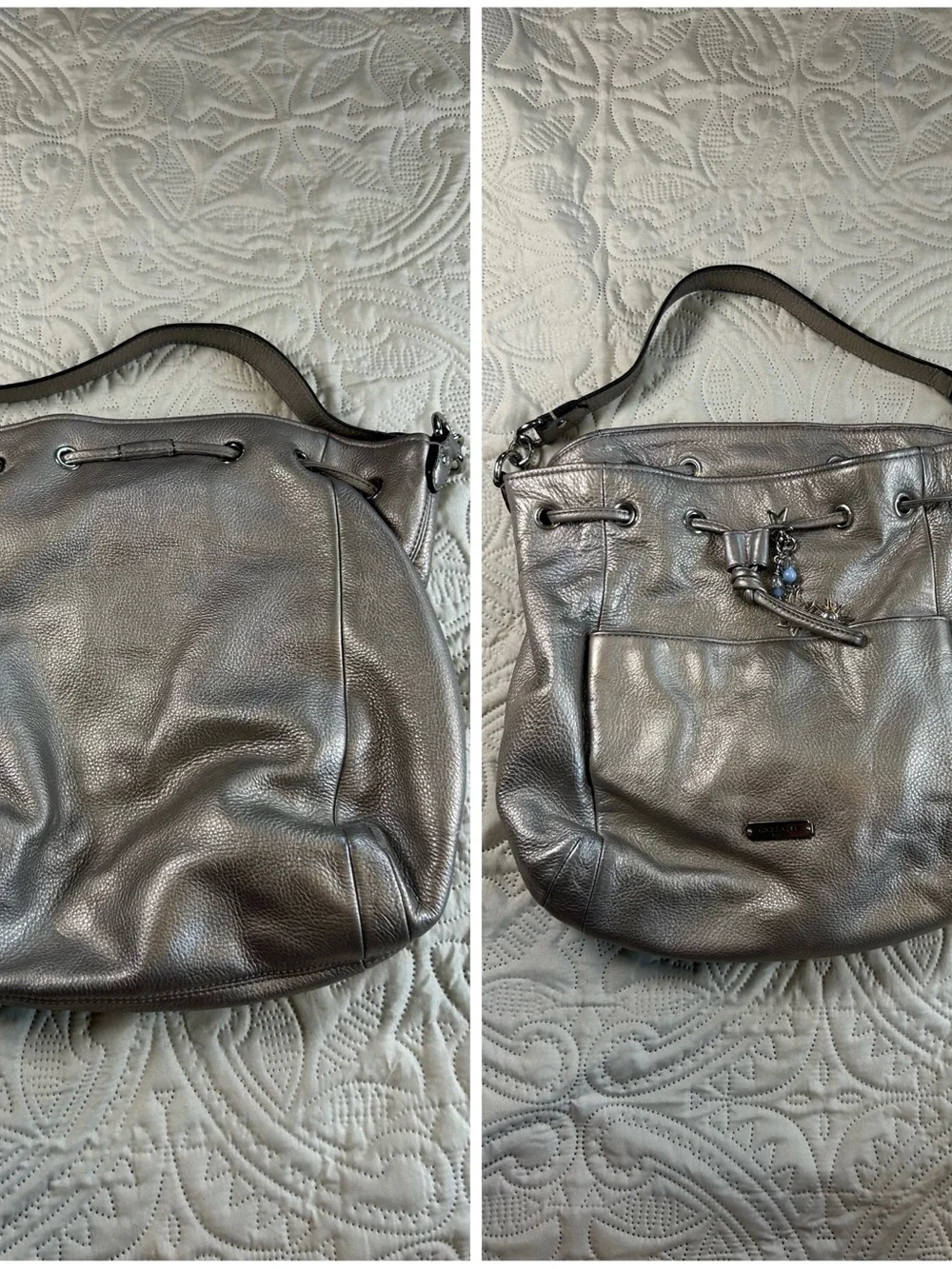 Coach Metallic Silver Drawstring Bucket Bag